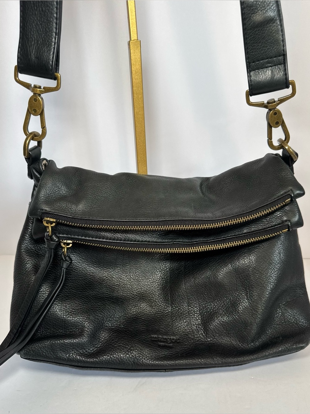 Margot New York "Mickey" Double Zip Black Leather Crossbody Bag